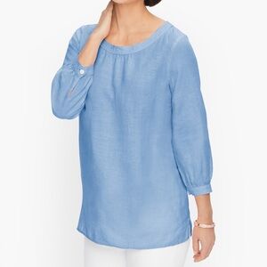Women’s Talbots 100% linen~ blue 3/4 sleeve button back blouse Large
